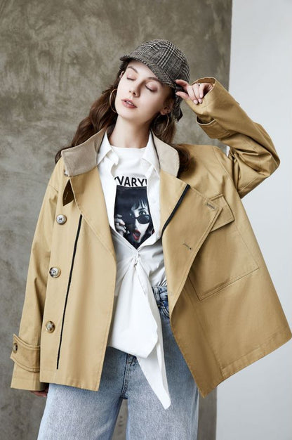 Element Trench Coat for Women Spring Autumn Korean Profile Loose Cargo Small Coat - Wanita Store