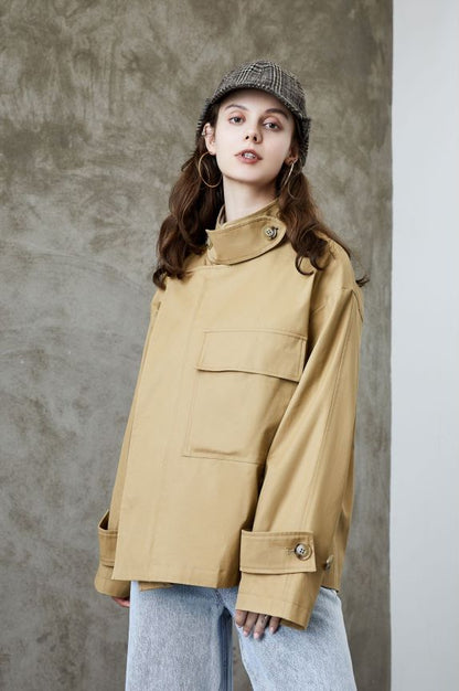 Element Trench Coat for Women Spring Autumn Korean Profile Loose Cargo Small Coat - Wanita Store