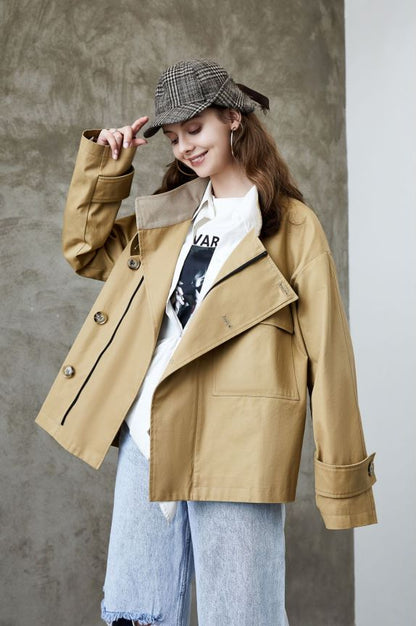 Element Trench Coat for Women Spring Autumn Korean Profile Loose Cargo Small Coat - Wanita Store