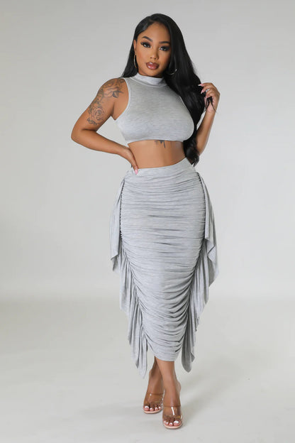 Women Clothing Solid Color High Waist Ruffles Crop Top Tight Fitting Vest Skirt Set - Wanita Store