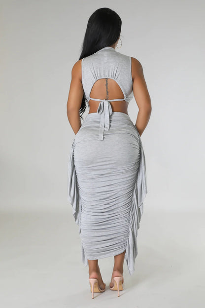 Women Clothing Solid Color High Waist Ruffles Crop Top Tight Fitting Vest Skirt Set - Wanita Store
