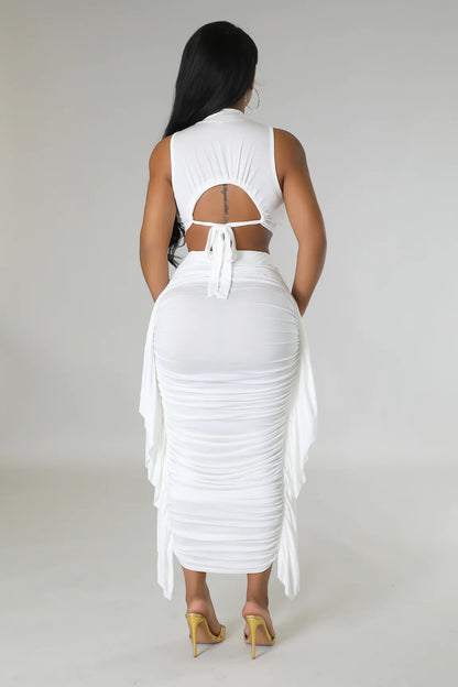 Women Clothing Solid Color High Waist Ruffles Crop Top Tight Fitting Vest Skirt Set - Wanita Store