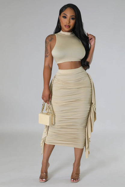 Women Clothing Solid Color High Waist Ruffles Crop Top Tight Fitting Vest Skirt Set - Wanita Store