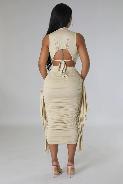 Women Clothing Solid Color High Waist Ruffles Crop Top Tight Fitting Vest Skirt Set - Wanita Store