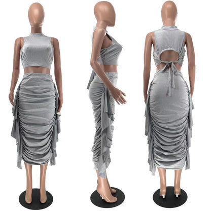 Women Clothing Solid Color High Waist Ruffles Crop Top Tight Fitting Vest Skirt Set - Wanita Store