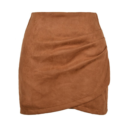 Suede Solid Skirt Autumn Winter Heap Pleated Criss Cross Irregular Asymmetric Zipper Skirt Women Clothing - Wanita Store