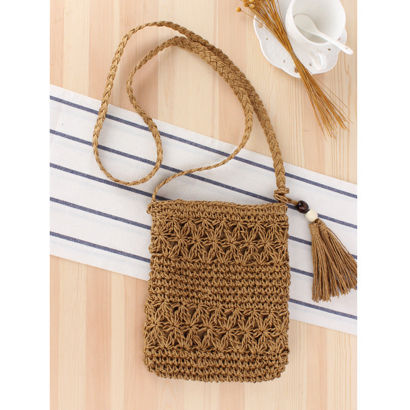 Simple Hollow Out Cutout Tassel Crossbody Straw Bag Hand-Woven Bag Summer Vacation Beach Bag