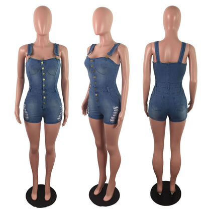 Denim Slim Fit Slimming Jumpsuit Spray White Ripped Jumpsuit Denim Shorts - Wanita Store