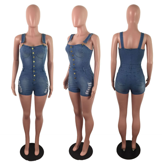 Denim Slim Fit Slimming Jumpsuit Spray White Ripped Jumpsuit Denim Shorts