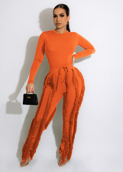 Women Clothing Suit Tassel Lace Jumpsuit Two Piece Set Solid Color Sports Autumn Winter - Wanita Store