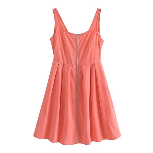 Spring Sexy Deep V Plunge Zipper Design Sling Vest Dress Bright Color Evening Dress