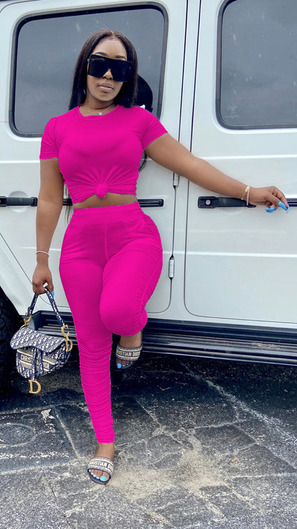 Women Clothing Ruched Short-Sleeved Suit T-shirt Two-Piece Set Solid Color Tight Summer - Wanita Store