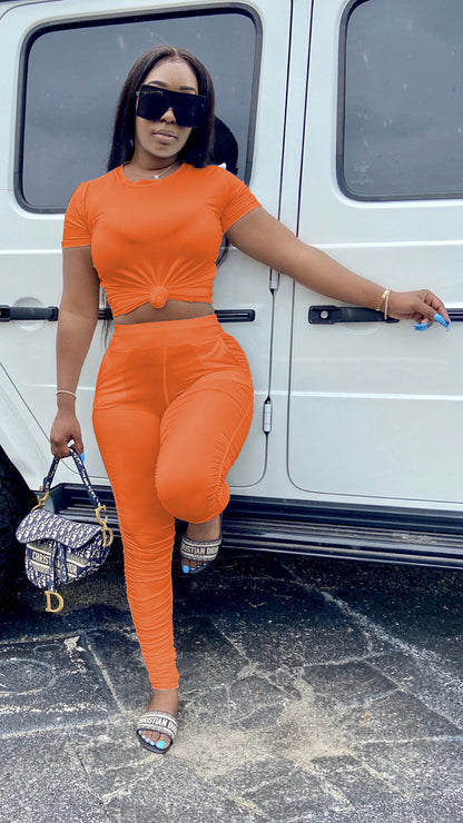 Women Clothing Ruched Short-Sleeved Suit T-shirt Two-Piece Set Solid Color Tight Summer - Wanita Store