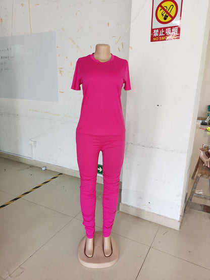 Women Clothing Ruched Short-Sleeved Suit T-shirt Two-Piece Set Solid Color Tight Summer - Wanita Store