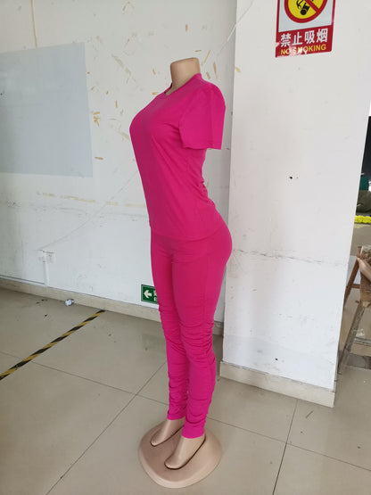Women Clothing Ruched Short-Sleeved Suit T-shirt Two-Piece Set Solid Color Tight Summer - Wanita Store