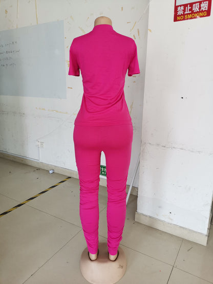 Women Clothing Ruched Short-Sleeved Suit T-shirt Two-Piece Set Solid Color Tight Summer - Wanita Store