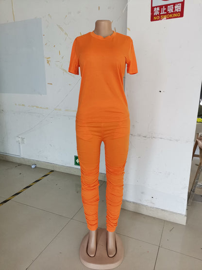 Women Clothing Ruched Short-Sleeved Suit T-shirt Two-Piece Set Solid Color Tight Summer - Wanita Store