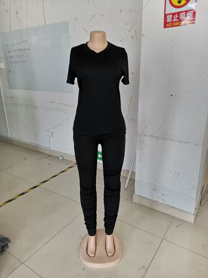 Women Clothing Ruched Short-Sleeved Suit T-shirt Two-Piece Set Solid Color Tight Summer - Wanita Store