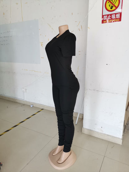 Women Clothing Ruched Short-Sleeved Suit T-shirt Two-Piece Set Solid Color Tight Summer - Wanita Store