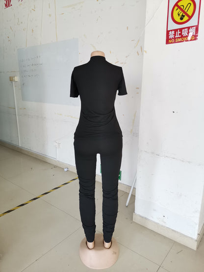 Women Clothing Ruched Short-Sleeved Suit T-shirt Two-Piece Set Solid Color Tight Summer - Wanita Store