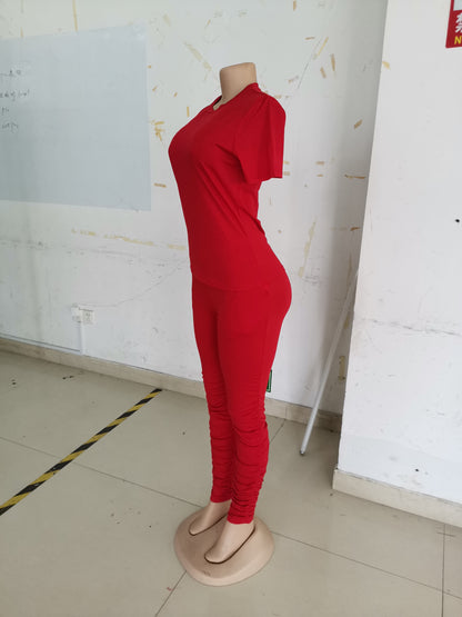 Women Clothing Ruched Short-Sleeved Suit T-shirt Two-Piece Set Solid Color Tight Summer - Wanita Store