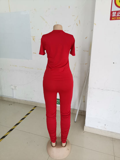 Women Clothing Ruched Short-Sleeved Suit T-shirt Two-Piece Set Solid Color Tight Summer - Wanita Store