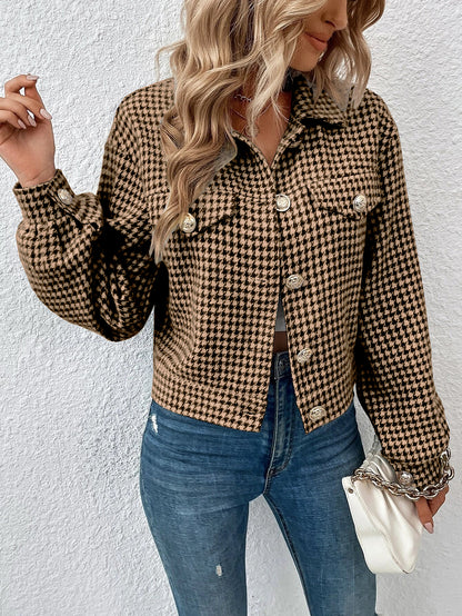 Autumn Winter Women Coat Collared Single Breasted Houndstooth Jacquard Jacket Office Coat Women - Wanita Store