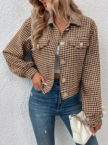 Autumn Winter Women Coat Collared Single Breasted Houndstooth Jacquard Jacket Office Coat Women - Wanita Store