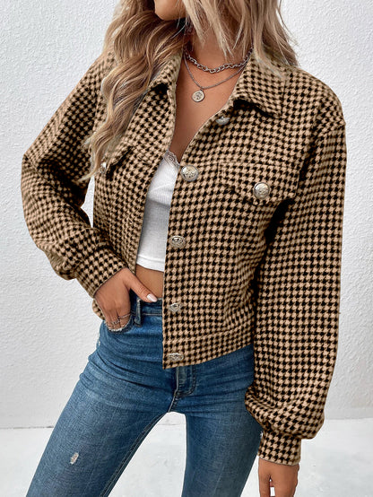 Autumn Winter Women Coat Collared Single Breasted Houndstooth Jacquard Jacket Office Coat Women - Wanita Store