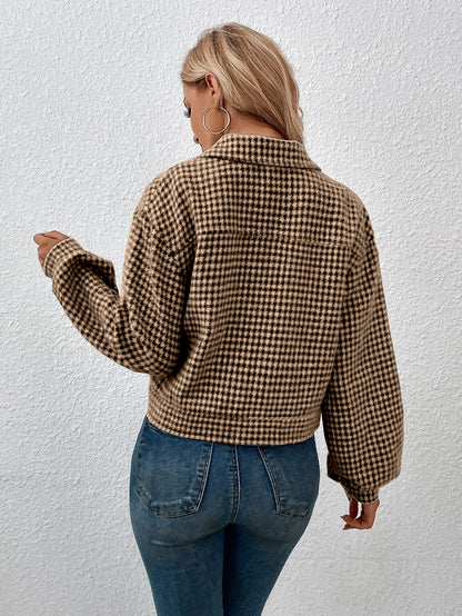 Autumn Winter Women Coat Collared Single Breasted Houndstooth Jacquard Jacket Office Coat Women - Wanita Store