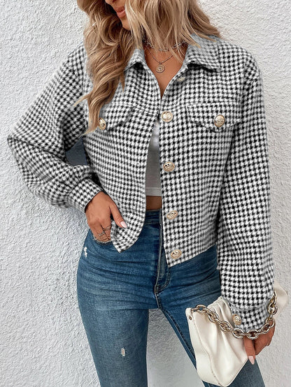 Autumn Winter Women Coat Collared Single Breasted Houndstooth Jacquard Jacket Office Coat Women - Wanita Store