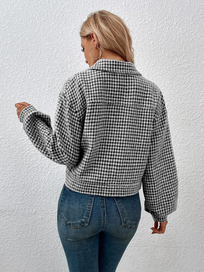 Autumn Winter Women Coat Collared Single Breasted Houndstooth Jacquard Jacket Office Coat Women - Wanita Store