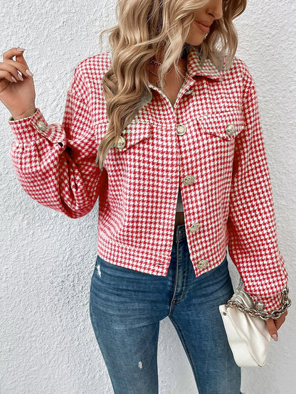 Autumn Winter Women Coat Collared Single Breasted Houndstooth Jacquard Jacket Office Coat Women - Wanita Store