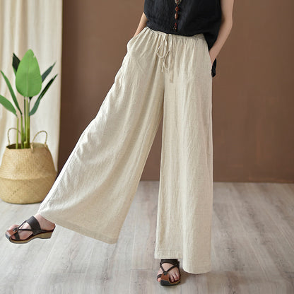Spring Summer Cotton Linen Women Artistic Stone Washed Women Yoga Pants Linen Casual Wide Leg Pants - Wanita Store