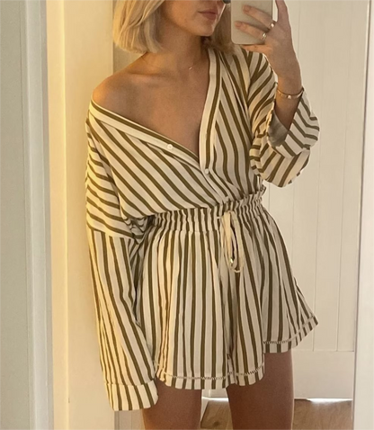 Spring Women Clothing Beige Stripes Top Short Two Piece Set - Wanita Store