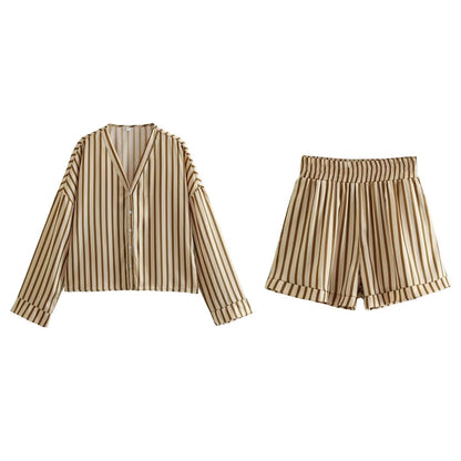 Spring Women Clothing Beige Stripes Top Short Two Piece Set - Wanita Store
