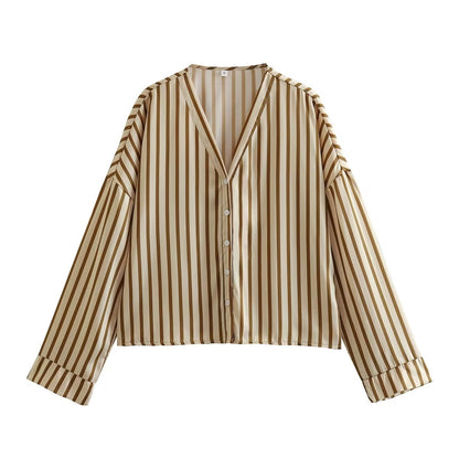 Spring Women Clothing Beige Stripes Top Short Two Piece Set - Wanita Store
