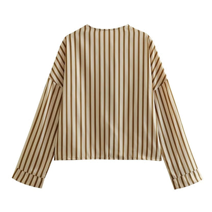 Spring Women Clothing Beige Stripes Top Short Two Piece Set - Wanita Store