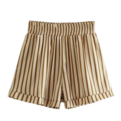 Spring Women Clothing Beige Stripes Top Short Two Piece Set - Wanita Store