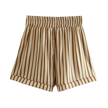 Spring Women Clothing Beige Stripes Top Short Two Piece Set - Wanita Store