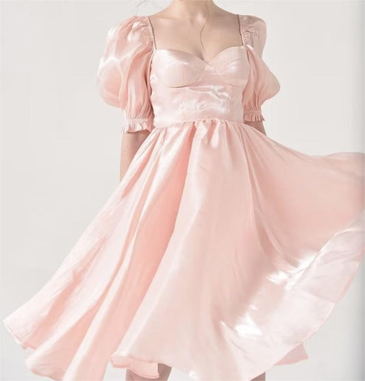 Sweet Gentle Retro Puff Sleeve Spring Graceful Square Collar Backless Large Swing Dress