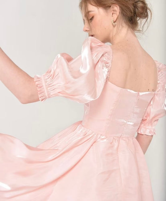 Sweet Gentle Retro Puff Sleeve Spring Graceful Square Collar Backless Large Swing Dress