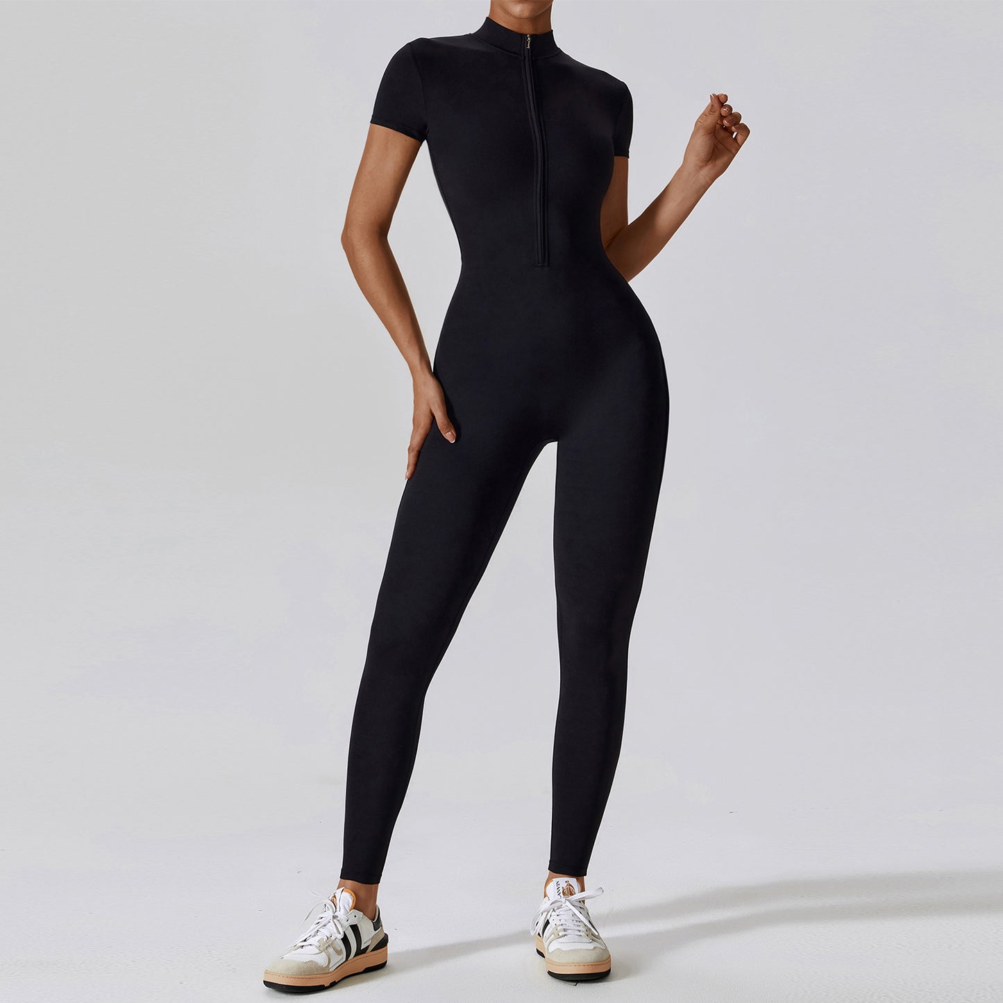 Sollinarry Zipper Short Sleeve Nude Feel Yoga Jumpsuit Women Outer Wear Fitness Sports One Piece Tights