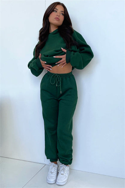 Autumn Winter Solid Color Long Sleeve Hooded Fleece Lined Sweater Women Casual Trousers sets - Wanita Store