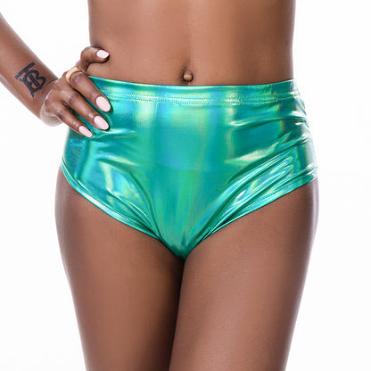 Metallic Sexy Women Triangle Shorts Colorful Bright Leather Swimming Trunks Laser Holographic Leggings - Wanita Store