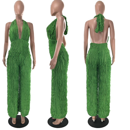 Women Clothing Spring Summer Wave Pattern Sexy Bandeau High Waist Jumpsuit - Wanita Store