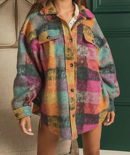 Autumn Winter Single Breasted Collared Fleece Jacket Plaid Cardigan Shirt Women - Wanita Store