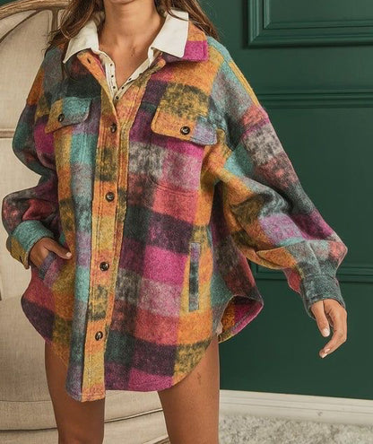 Autumn Winter Single Breasted Collared Fleece Jacket Plaid Cardigan Shirt Women - Wanita Store