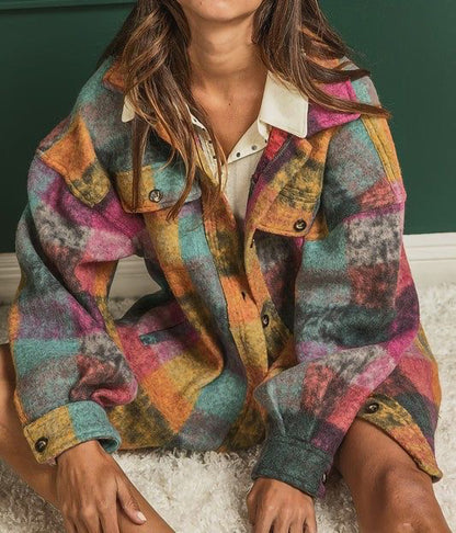 Autumn Winter Single Breasted Collared Fleece Jacket Plaid Cardigan Shirt Women - Wanita Store