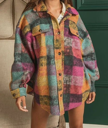 Autumn Winter Single Breasted Collared Fleece Jacket Plaid Cardigan Shirt Women - Wanita Store